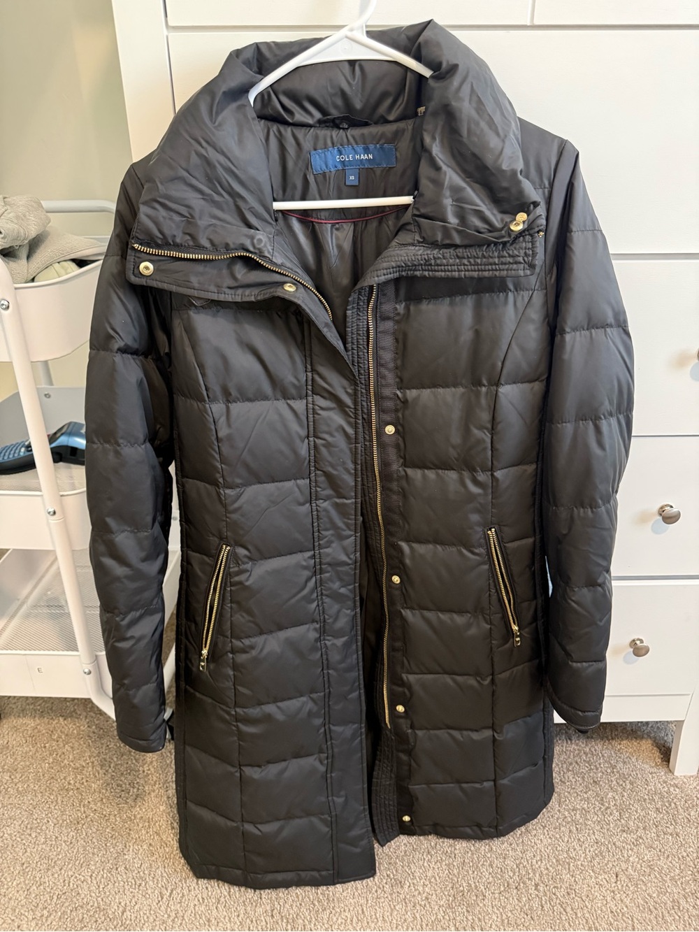 Cole Haan Black Quilted Long Puffer Coat with Gold Trim
